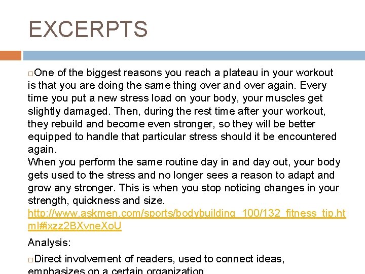 EXCERPTS One of the biggest reasons you reach a plateau in your workout is