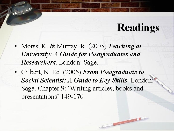 Readings • Morss, K. & Murray, R. (2005) Teaching at University: A Guide for