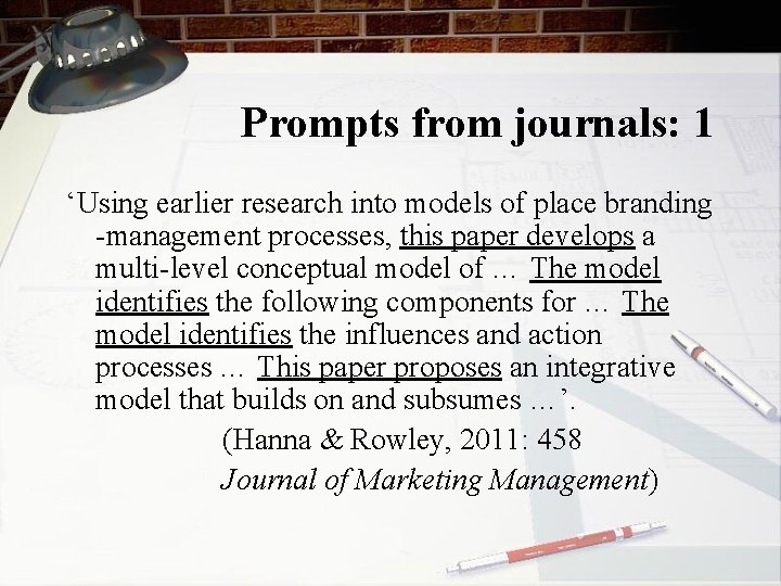 Prompts from journals: 1 ‘Using earlier research into models of place branding -management processes,