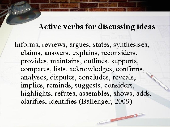 Active verbs for discussing ideas Informs, reviews, argues, states, synthesises, claims, answers, explains, reconsiders,