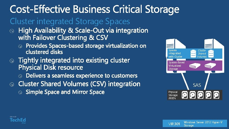 Cluster integrated Storage Spaces integrated with Cluster Shared Volumes Spaces-Based Virtualized Storage SAS Physical