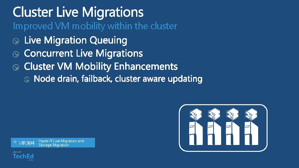 Improved VM mobility within the cluster VIR 304 Hyper-V Live Migration and Storage Migration