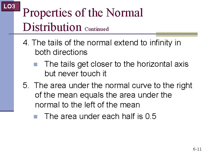 LO 3 Properties of the Normal Distribution Continued 4. The tails of the normal