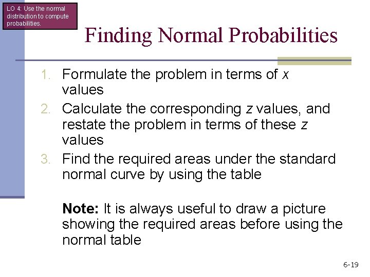 LO 4: Use the normal distribution to compute probabilities. Finding Normal Probabilities 1. Formulate