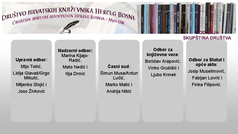 Upravni odbor: Mijo Tokić, Lidija Glavaš/Grgo Mikulić, Miljenko Stojić i Joso Živković Nadzorni odbor: