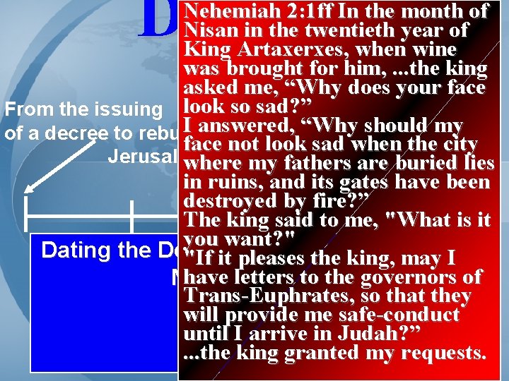 Daniel 9 Nehemiah 2: 1 ff In the month of Nisan in the twentieth