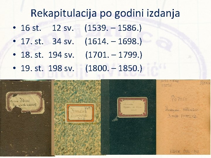 Rekapitulacija po godini izdanja • • 16 st. 17. st. 18. st. 19. st.