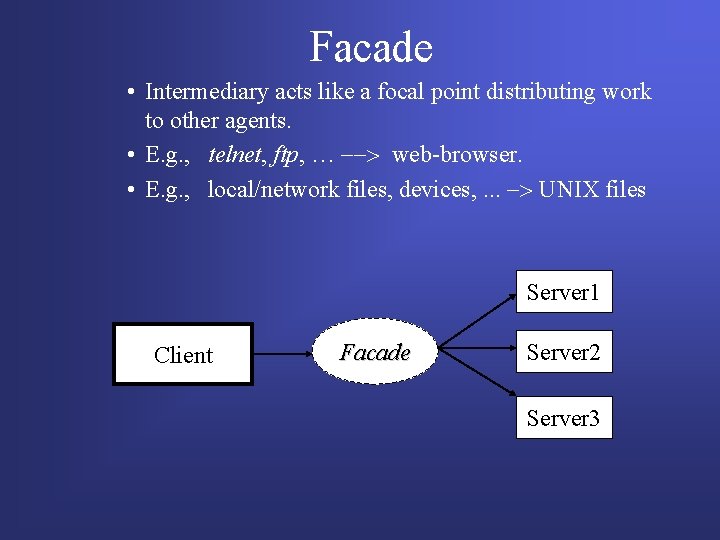 Facade • Intermediary acts like a focal point distributing work to other agents. • Facade • Intermediary acts like a focal point distributing work to other agents. •