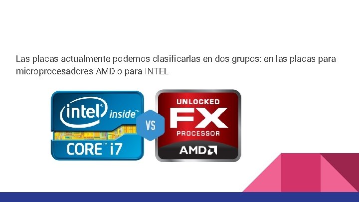 Las placas actualmente podemos clasificarlas en dos grupos: en las placas para microprocesadores AMD Las placas actualmente podemos clasificarlas en dos grupos: en las placas para microprocesadores AMD