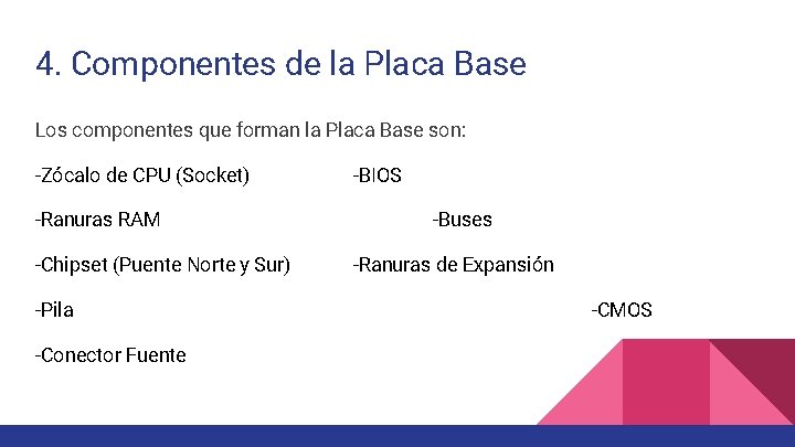 4. Componentes de la Placa Base Los componentes que forman la Placa Base son: