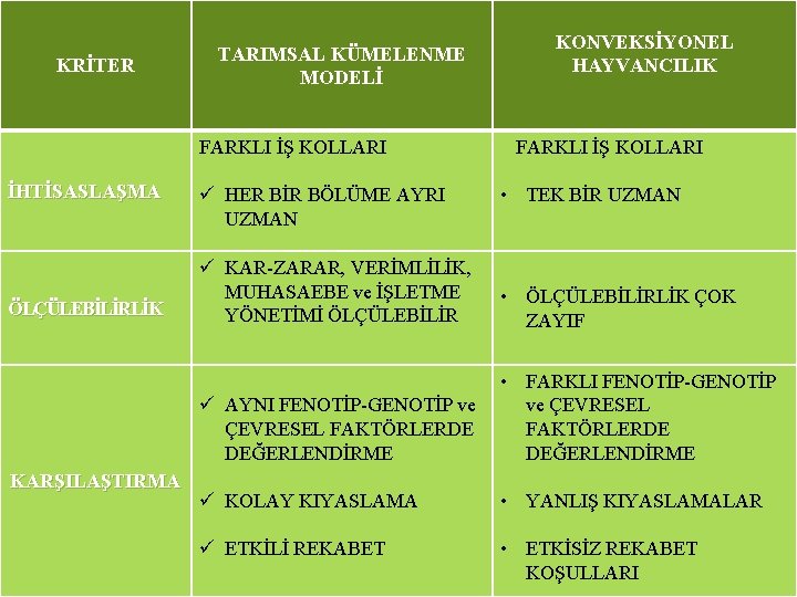 KRİTER TARIMSAL KÜMELENME MODELİ FARKLI İŞ KOLLARI İHTİSASLAŞMA ÖLÇÜLEBİLİRLİK KARŞILAŞTIRMA ü HER BİR BÖLÜME