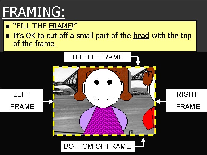 FRAMING: n n “FILL THE FRAME!” It’s OK to cut off a small part
