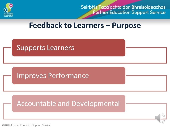 Feedback to Learners – Purpose Supports Learners Improves Performance Accountable and Developmental © 2020,