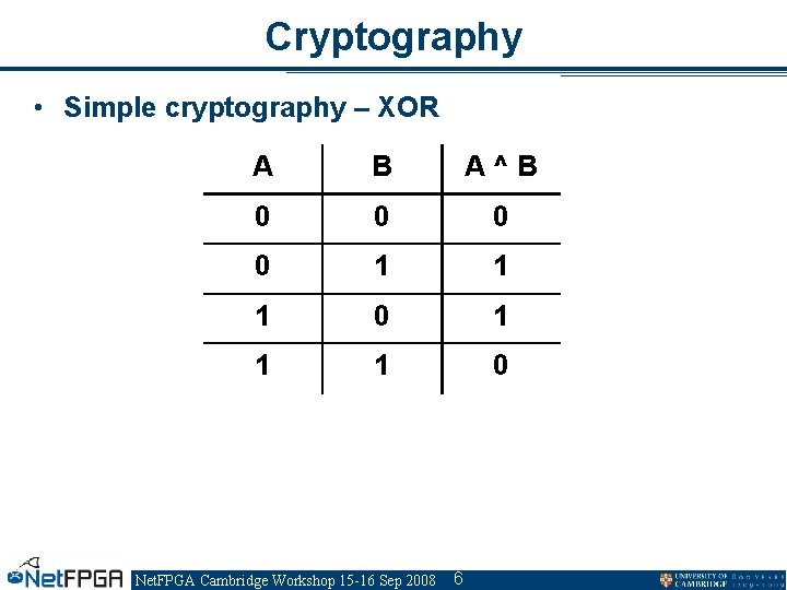 Cryptography • Simple cryptography – XOR A B A^B 0 0 1 1 1