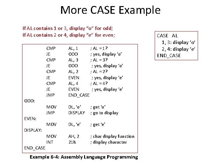 More CASE Example If AL contains 1 or 3, display “o” for odd; If