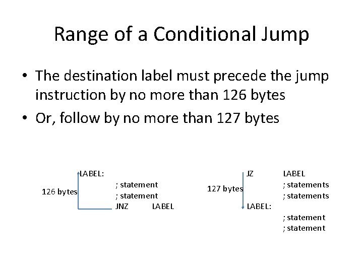 Range of a Conditional Jump • The destination label must precede the jump instruction