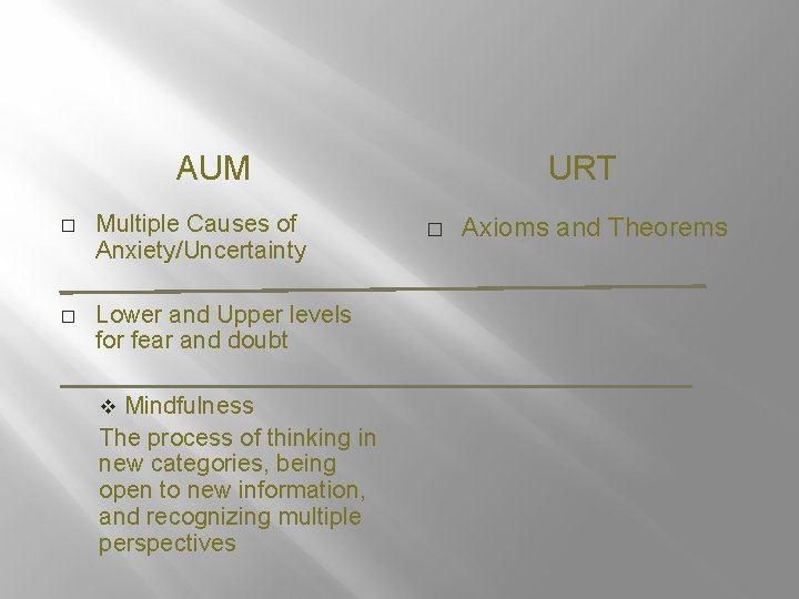 AUM � Multiple Causes of Anxiety/Uncertainty � Lower and Upper levels for fear and