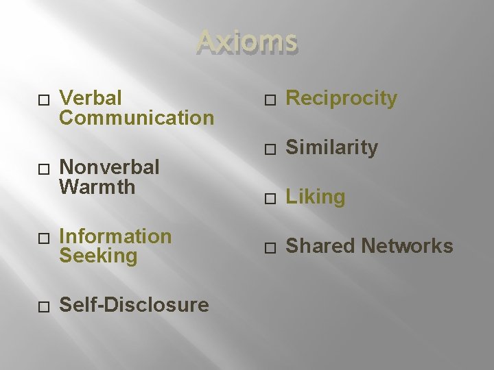 Axioms � � Verbal Communication Nonverbal Warmth � Information Seeking � Self-Disclosure � Reciprocity