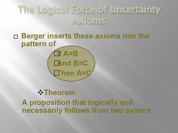 The Logical Force of Uncertainty Axioms � Berger inserts these axioms into the pattern