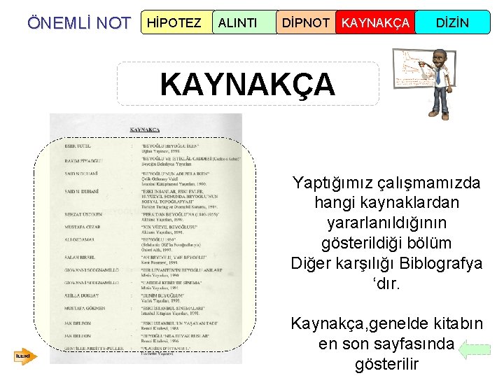 ÖNEMLİ NOT HİPOTEZ ALINTI DİPNOT KAYNAKÇA DİZİN KAYNAKÇA Yaptığımız çalışmamızda hangi kaynaklardan yararlanıldığının gösterildiği