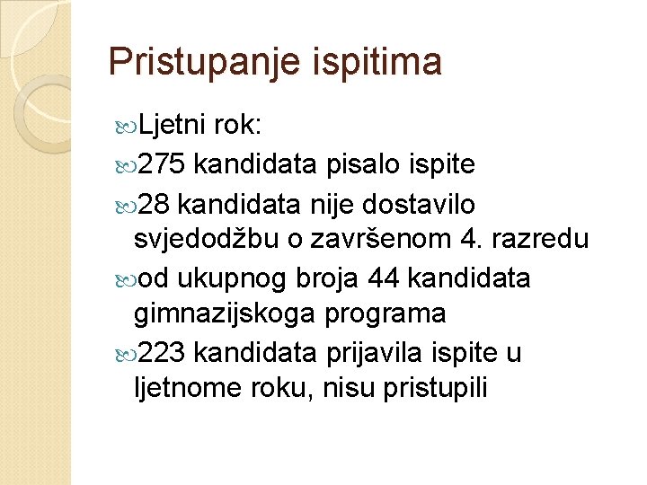 Pristupanje ispitima Ljetni rok: 275 kandidata pisalo ispite 28 kandidata nije dostavilo svjedodžbu o