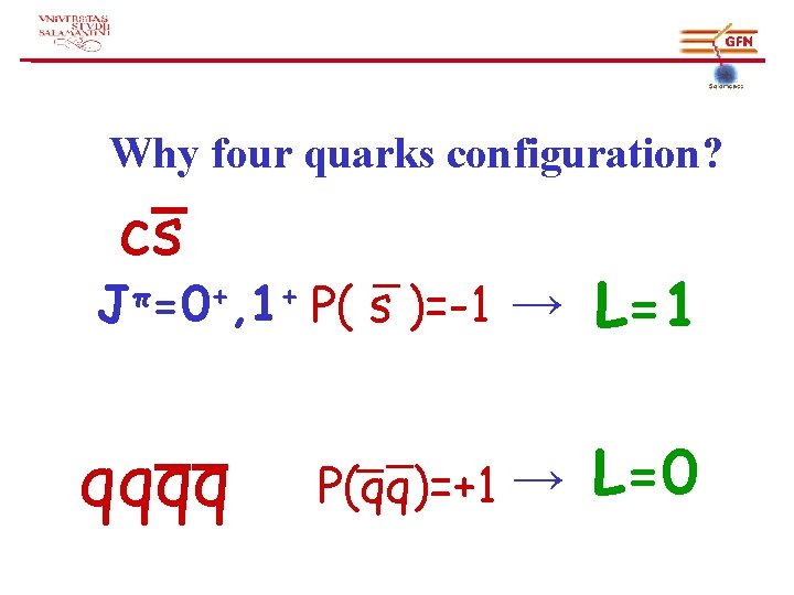 Why four quarks configuration? − L=1 − cs L=0 Jπ=0+, 1+ P( s )=-1