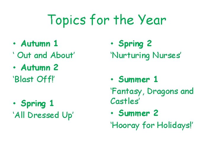 Topics for the Year • Autumn 1 ‘ Out and About’ • Autumn 2