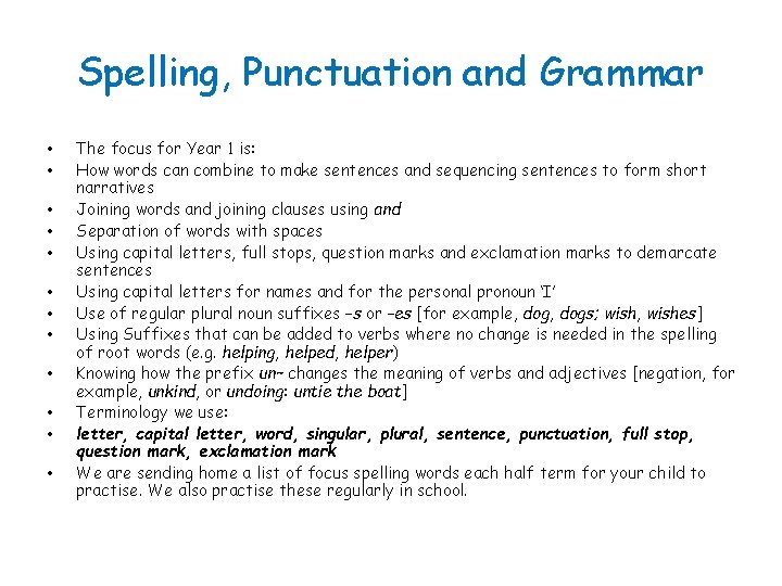 Spelling, Punctuation and Grammar • • • The focus for Year 1 is: How