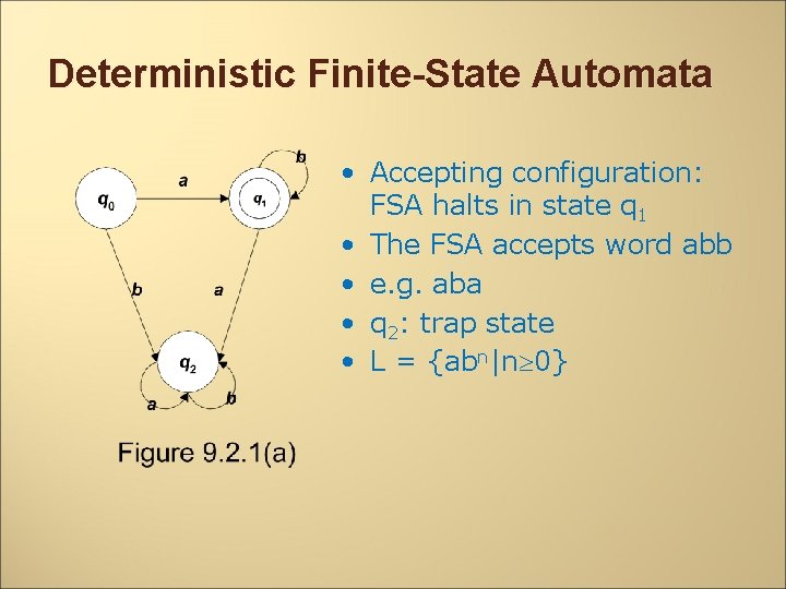 Deterministic Finite-State Automata • Accepting configuration: FSA halts in state q 1 • The