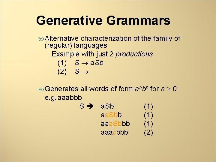 Generative Grammars Alternative characterization of the family of (regular) languages Example with just 2