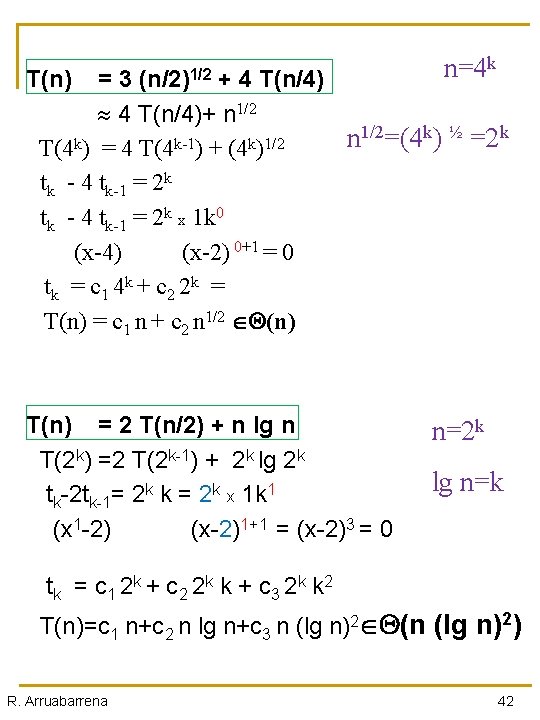 T(n) (n/2)1/2 n=4 k =3 + 4 T(n/4)+ n 1/2=(4 k) ½ =2 k