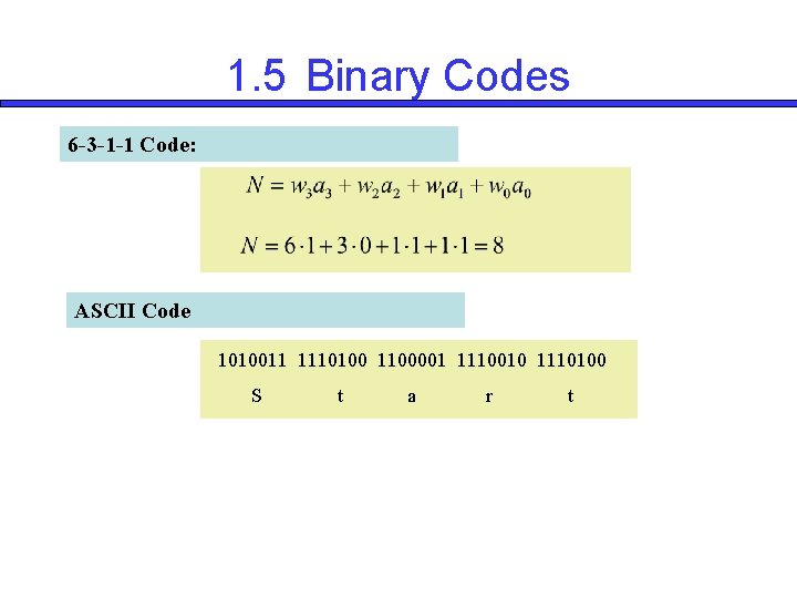 1. 5 Binary Codes 6 -3 -1 -1 Code: ASCII Code 1010011 1110100 1100001