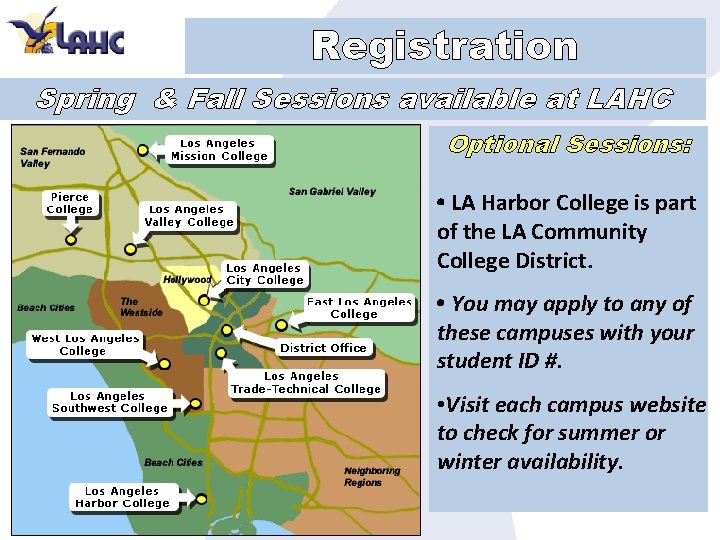 Registration Spring & Fall Sessions available at LAHC Optional Sessions: • LA Harbor College