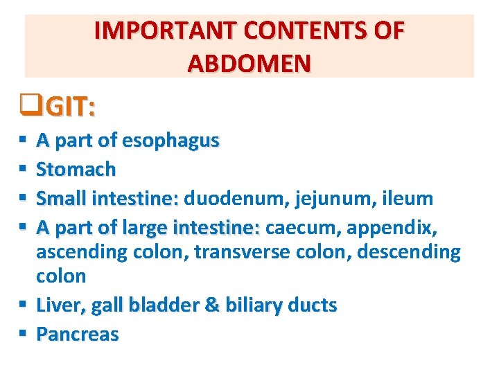 IMPORTANT CONTENTS OF ABDOMEN q. GIT: A part of esophagus Stomach Small intestine: duodenum,