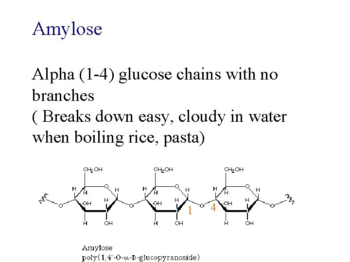 Amylose Alpha (1 -4) glucose chains with no branches ( Breaks down easy, cloudy