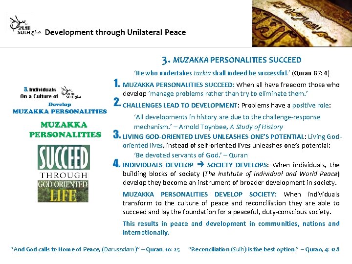 3. MUZAKKA PERSONALITIES SUCCEED ‘He who undertakes tazkia shall indeed be successful. ’ (Quran
