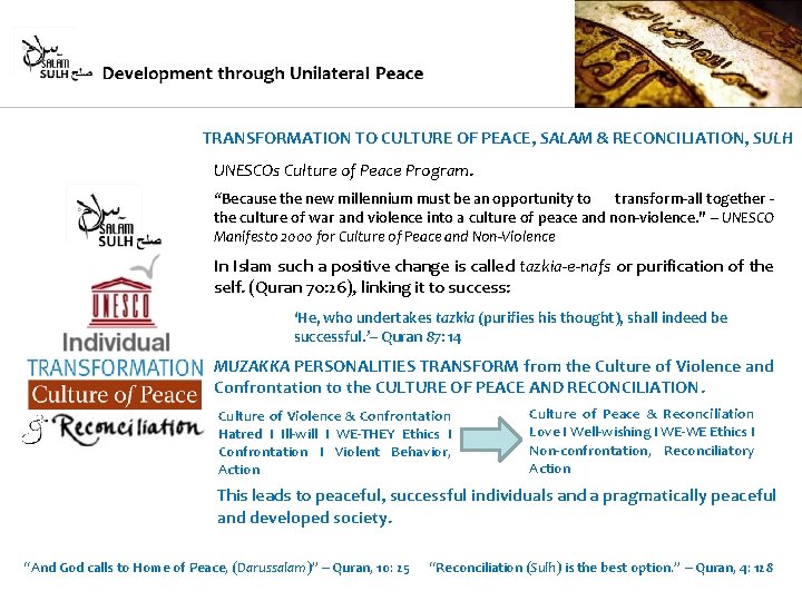 TRANSFORMATION TO CULTURE OF PEACE, SALAM & RECONCILIATION, SULH UNESCOs Culture of Peace Program.