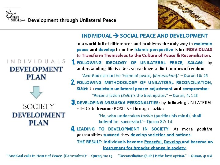INDIVIDUAL SOCIAL PEACE AND DEVELOPMENT In a world full of differences and problems the