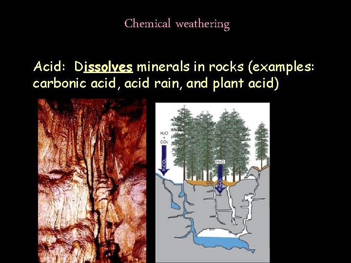 Chemical weathering Acid: Dissolves minerals in rocks (examples: carbonic acid, acid rain, and plant