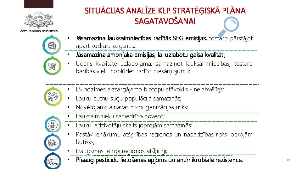 SITUĀCIJAS ANALĪZE KLP STRATĒĢISKĀ PLĀNA SAGATAVOŠANAI • Jāsamazina lauksaimniecības radītās SEG emisijas, tostarp pārstājot