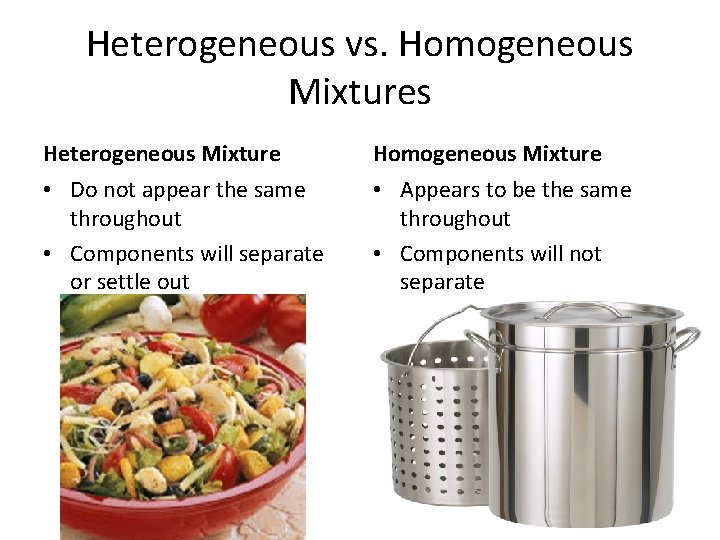 Heterogeneous vs. Homogeneous Mixtures Heterogeneous Mixture Homogeneous Mixture • Do not appear the same
