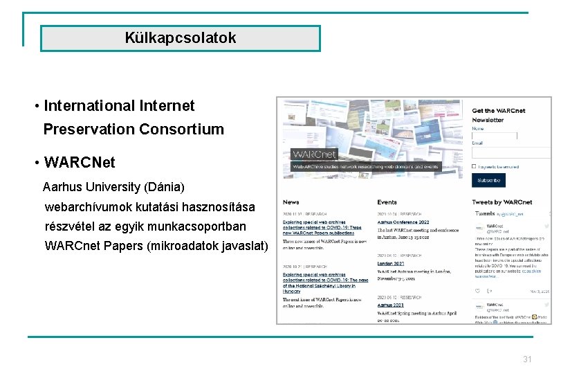 Külkapcsolatok • International Internet Preservation Consortium • WARCNet Aarhus University (Dánia) webarchívumok kutatási hasznosítása