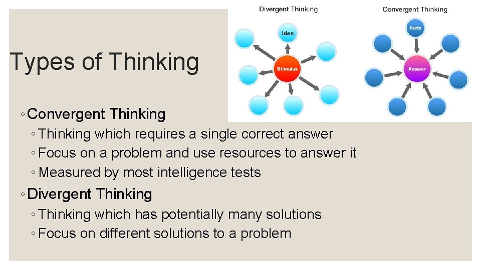 Types of Thinking ◦ Convergent Thinking ◦ Thinking which requires a single correct answer