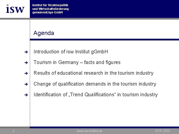 Institut für Strukturpolitik und Wirtschaftsförderung gemeinnützige Gmb. H Agenda 2 è Introduction of isw