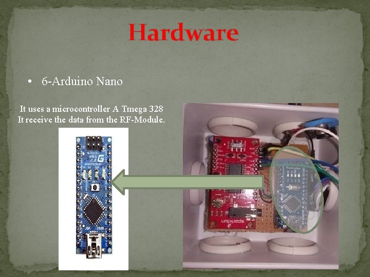Hardware • 6 -Arduino Nano It uses a microcontroller A Tmega 328 It receive Hardware • 6 -Arduino Nano It uses a microcontroller A Tmega 328 It receive