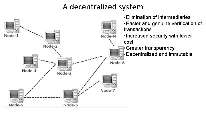 A decentralized system • Elimination of intermediaries • Easier and genuine verification of transactions