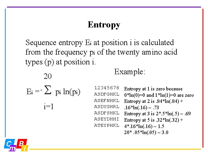 Entropy Sequence entropy Ei at position i is calculated from the frequency pi of