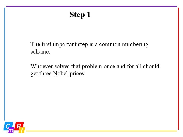 Step 1 The first important step is a common numbering scheme. Whoever solves that