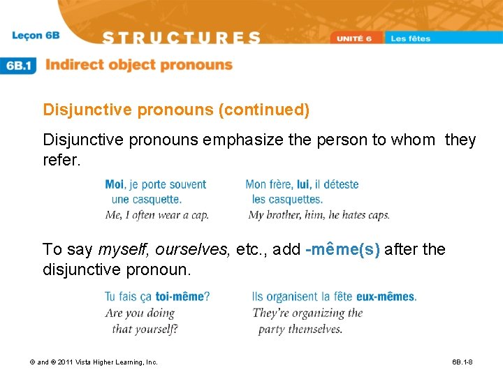 Disjunctive pronouns (continued) Disjunctive pronouns emphasize the person to whom they refer. To say