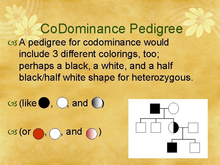 Co. Dominance Pedigree A pedigree for codominance would include 3 different colorings, too; perhaps